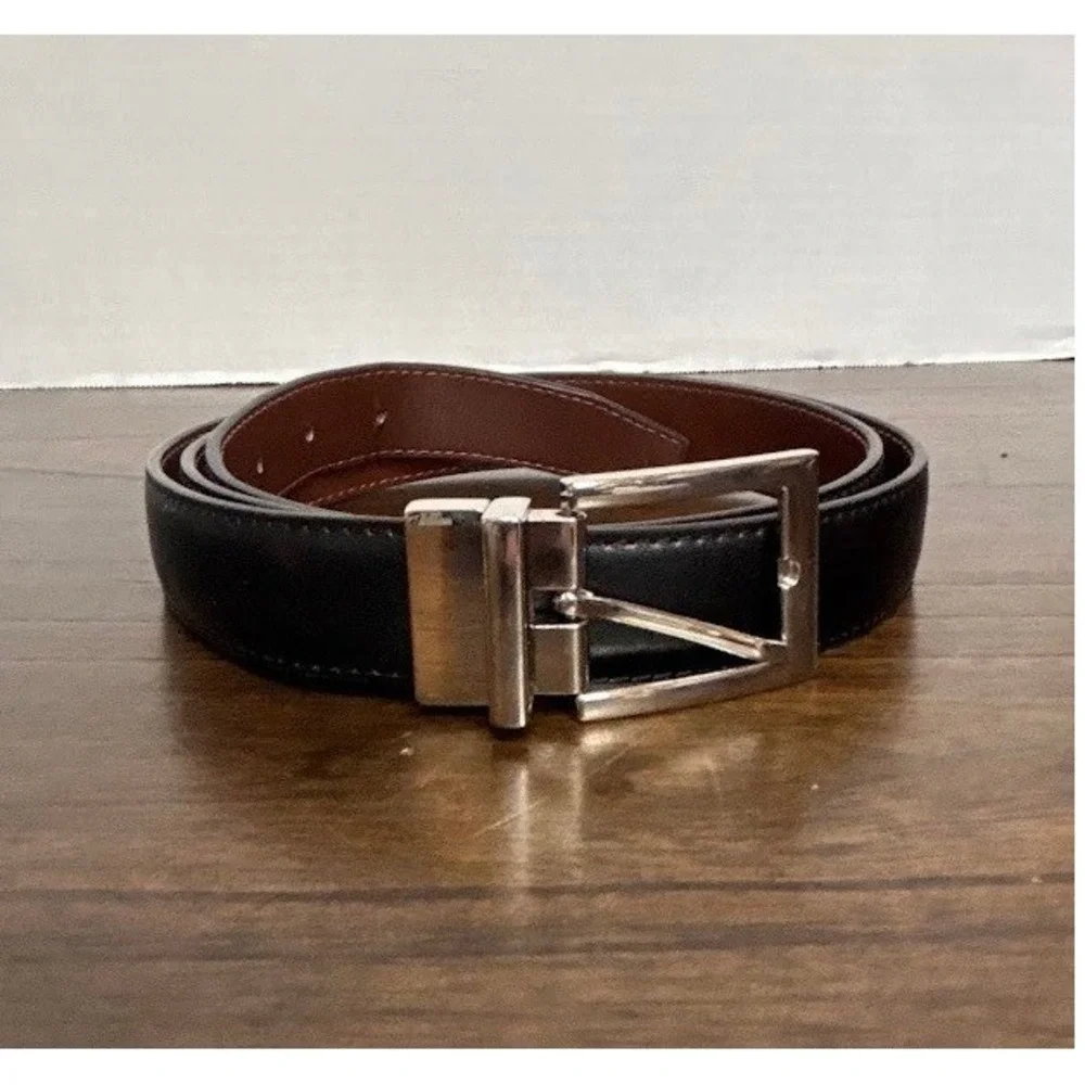 Mens Reversible Black Brown Dress Belt Size 44 Silver Tone Buckle Big Tall
